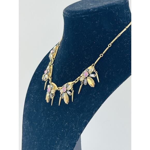 J. Crew Gold Tone Rhinestones Pink Spike Dangles Necklace Smoky Black White Flor - Picture 14 of 16
